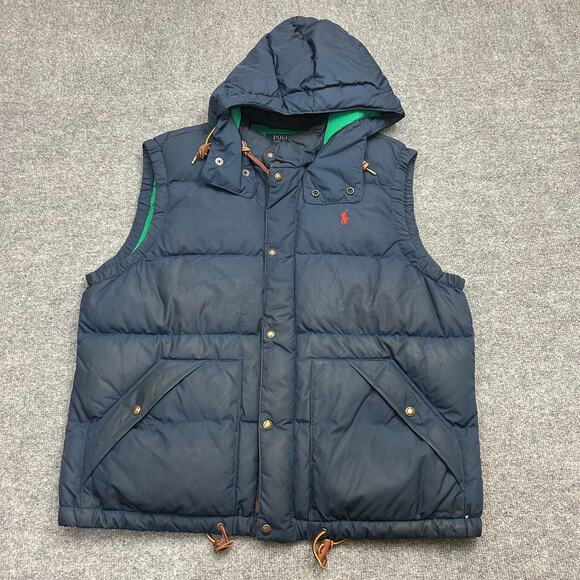 Polo Ralph Lauren Men's XL Navy Blue Down Puffer Hooded Vest Zip Snap